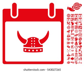 Horned Helmet Calendar Day icon with bonus calendar and time management pictures. Vector illustration style is flat iconic symbols, red, white background.