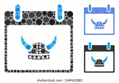 Horned helmet calendar day mosaic of spheric dots in different sizes and shades, based on horned helmet calendar day icon. Vector dots are composed into blue mosaic.
