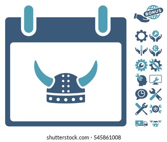 Horned Helmet Calendar Day pictograph with bonus setup tools design elements. Vector illustration style is flat iconic symbols, cyan and blue, white background.
