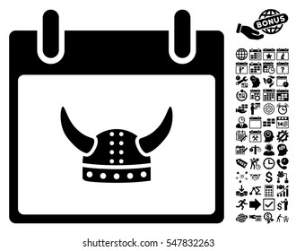 Horned Helmet Calendar Day pictograph with bonus calendar and time management pictograms. Vector illustration style is flat iconic symbols, black, white background.