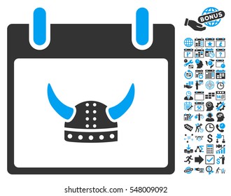 Horned Helmet Calendar Day pictograph with bonus calendar and time management pictograms. Vector illustration style is flat iconic symbols, blue and gray, white background.