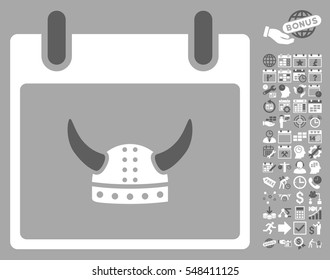 Horned Helmet Calendar Day pictograph with bonus calendar and time management pictograms. Vector illustration style is flat iconic symbols, dark gray and white, silver background.