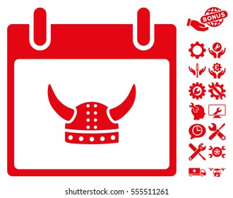 Horned Helmet Calendar Day pictograph with bonus service design elements. Vector illustration style is flat iconic symbols, red, white background.