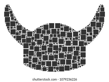 Horned Helmet collage icon of square figures and spheric dots in variable sizes. Vector items are united into horned helmet mosaic design concept.