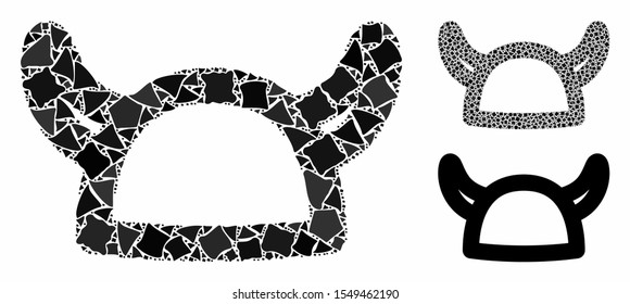 Horned helmet composition of joggly items in different sizes and color tones, based on horned helmet icon. Vector unequal items are composed into collage.