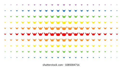 Horned helmet icon spectrum halftone pattern. Vector horned helmet pictograms are organized into halftone grid with vertical rainbow colors gradient. Designed for backgrounds, covers,
