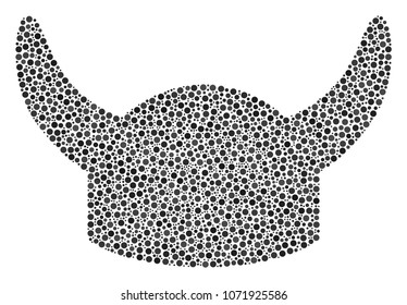Horned Helmet mosaic of circle dots in variable sizes and color tints. Dots are grouped into horned helmet vector mosaic. Dotted vector illustration.