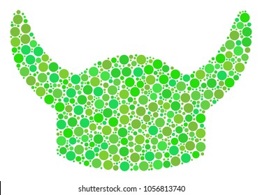 Horned Helmet mosaic of circle elements in variable sizes and ecological green color tones. Vector round dots are united into horned helmet composition. Ecological vector illustration.