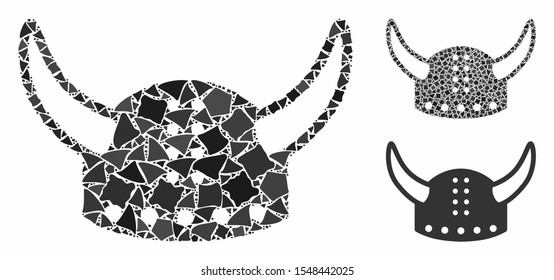 Horned helmet mosaic of ragged pieces in various sizes and shades, based on horned helmet icon. Vector ragged pieces are grouped into mosaic. Horned helmet icons collage with dotted pattern.