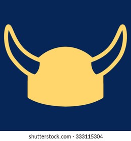 Horned Helmet vector icon. Style is flat symbol, yellow color, rounded angles, blue background.