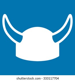 Horned Helmet vector icon. Style is flat symbol, white color, rounded angles, blue background.