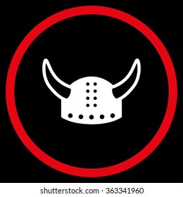 Horned Helmet vector icon. Style is bicolor flat circled symbol, red and white colors, rounded angles, black background.