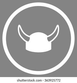 Horned Helmet vector icon. Style is flat circled symbol, white color, rounded angles, gray background.