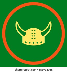 Horned Helmet vector icon. Style is bicolor flat circled symbol, orange and yellow colors, rounded angles, green background.