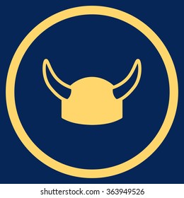 Horned Helmet vector icon. Style is flat circled symbol, yellow color, rounded angles, blue background.