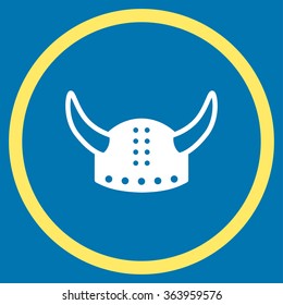 Horned Helmet vector icon. Style is bicolor flat circled symbol, yellow and white colors, rounded angles, blue background.