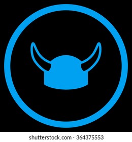 Horned Helmet vector icon. Style is flat circled symbol, blue color, rounded angles, black background.