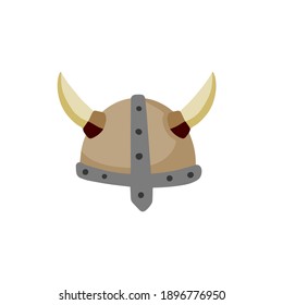 Horned helmet of Viking. Armor of Scandinavian barbarian. Protecting the soldier head. Medieval object. Flat cartoon illustration