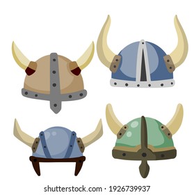 Horned helmet of Viking. Armor of Scandinavian barbarian. Protecting the soldier head. Medieval object. Flat cartoon illustration