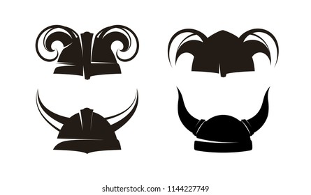 Horned Helmets of the Vikings, Vector style Icon Set in black color on white background, EPS 10. Scandinavian defence battle armour - Element for Emblem with same powerful spirit.