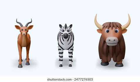 Horned and hornless vector ungulates, front view. Gazelle, zebra, yak
