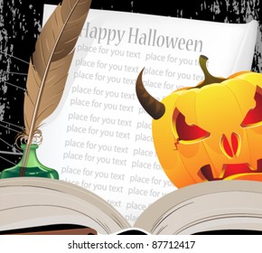 Horned Jack o Lantern  looks out because of the open ancient book