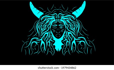 Horned lion monster illustration with neon color