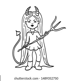 Horned long-haired devil girl in a short dress, boots and cape carrying a pitchfork, comic cartoon character isolated on white background. Demon woman mascot. Cute Halloween creature coloring page.