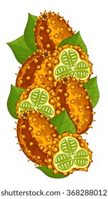 Horned Melon fruit isolated on white background. Close up Horned Melon slice with green leaves ripe fruit. 