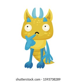 Horned Monster Standing with Thoughtful Expression on His Muzzle Vector Illustration