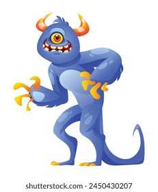 Horned monster with tail cartoon character. Vector illustration isolated on white background