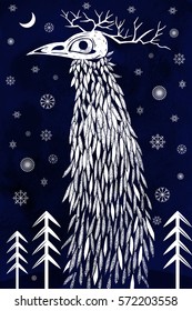 Horned monster in winter forest, freehand drawing
