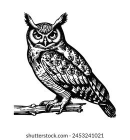 horned owl engraving black and white outline