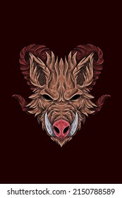 Horned pig head vector illustration