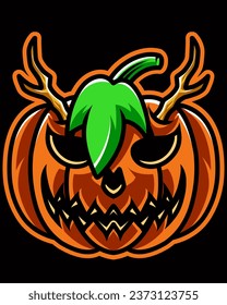 Horned pumpkin mascot logo for halloween celebration isolated on dark background