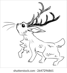 Horned rabbit. Jackrabbit. Mystical creature. Line art, hand drawn vector illustration. Metaphorical, symbolic. Cute. Logo, print, sticker design.
