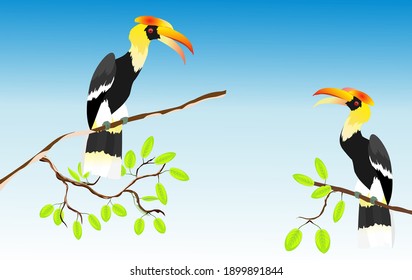 horned ravens sits on tree branch, blue background vector