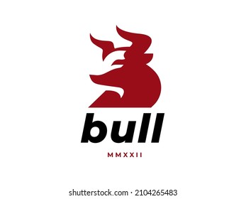 Horned red bull head logo. Cattle ranch beef farm animal icon. Taurus strength symbol. Vector illustration.