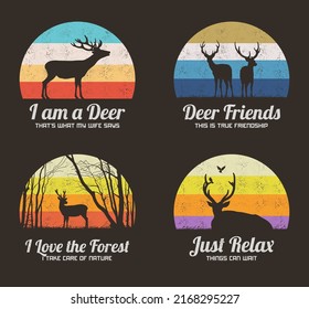  Horned red deers. Animal silhouette set. Retro vintage t-shirt design