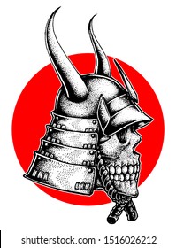 Horned Samurai Warhelm Skull, Hand Drawn Illustration, Pointillism, Isolated Vector