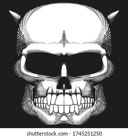 Horned skull. Black and white drawing. Avatar.