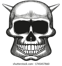 Horned skull. Black and white drawing. White background. Avatar