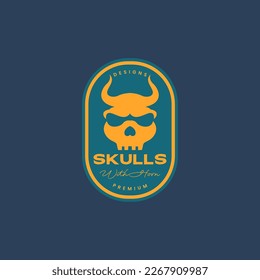 horned skull cranium brainpan scare badge sticker vintage logo design icon vector illustration