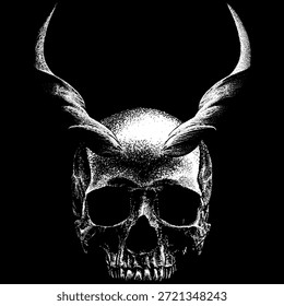 Cráneo con cuernos, con cuernos curvos afilados y detalles audaces de alto contraste. Esta obra de arte oscura y gótica transmite temas de muerte, poder, misterio y fantasía, perfecta para el horror, el metal y los conceptos visuales ocultos.