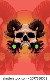 Horned skull with flowers vector illustration