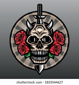 Horned skull head with sword. Premium vector