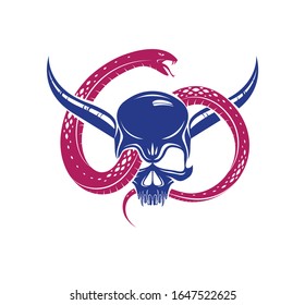 Horned skull with snake devil evil sign, vintage vector design of classic style crest, coat of arms, death and rebirth concept tattoo, 