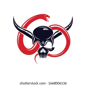Horned skull with snake devil evil sign, vintage vector design of classic style crest, coat of arms, death and rebirth concept tattoo, 