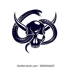 Horned skull with snake devil evil sign, vintage vector design of classic style crest, coat of arms, death and rebirth concept tattoo, 