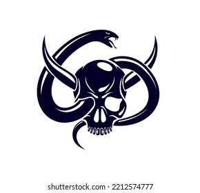 Horned Skull With Snake Devil Evil Sign, Vintage Vector Design Of Classic Style Crest, Coat Of Arms, Death And Rebirth Concept Tattoo, 